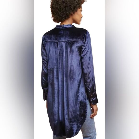 Maeve Anthropologie Blue Crushed Velvet Tunic Tie-Neck Size 2 Fairy Whimsigoth - Picture 4 of 9